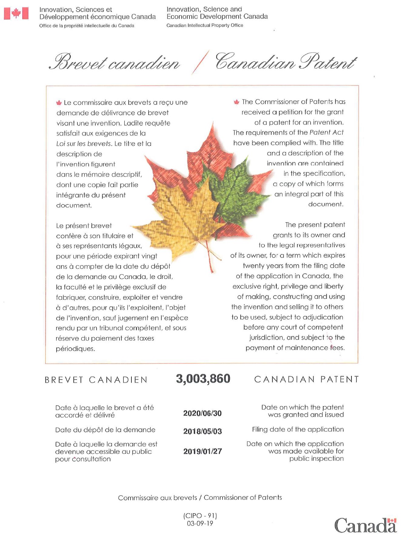 專利證書 Cef Dlb 加拿大