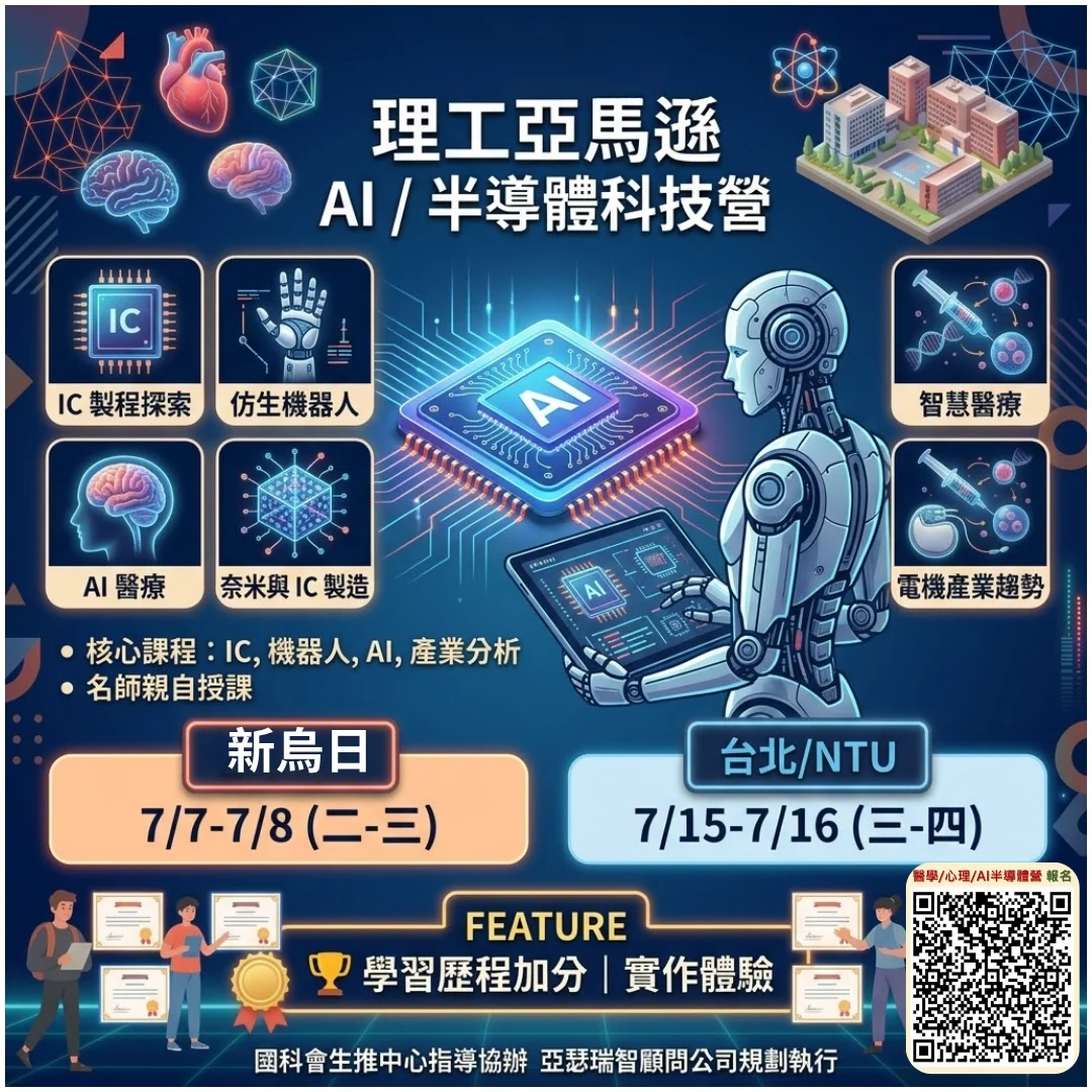 AI半導體營 #高科技營隊 #理工營，半導體營，IC營，大學營隊，高中生營隊，學系探索營隊，化學，化工，機器人，材料工程，自動控制，資訊工程，無線通訊，理工學系，電機系，工程，電機系，電子學系，半導體，材料科學，晶圓，AI，人工智慧，機器學習，資工，資工學系，資訊工程，營隊，高中營隊，工程師，高科技，台積電，升學，物理學，自學歷程，學習歷程，學檔，學系探索，大學學系探索，營隊，高中營隊，學群，台積電，理工亞馬遜